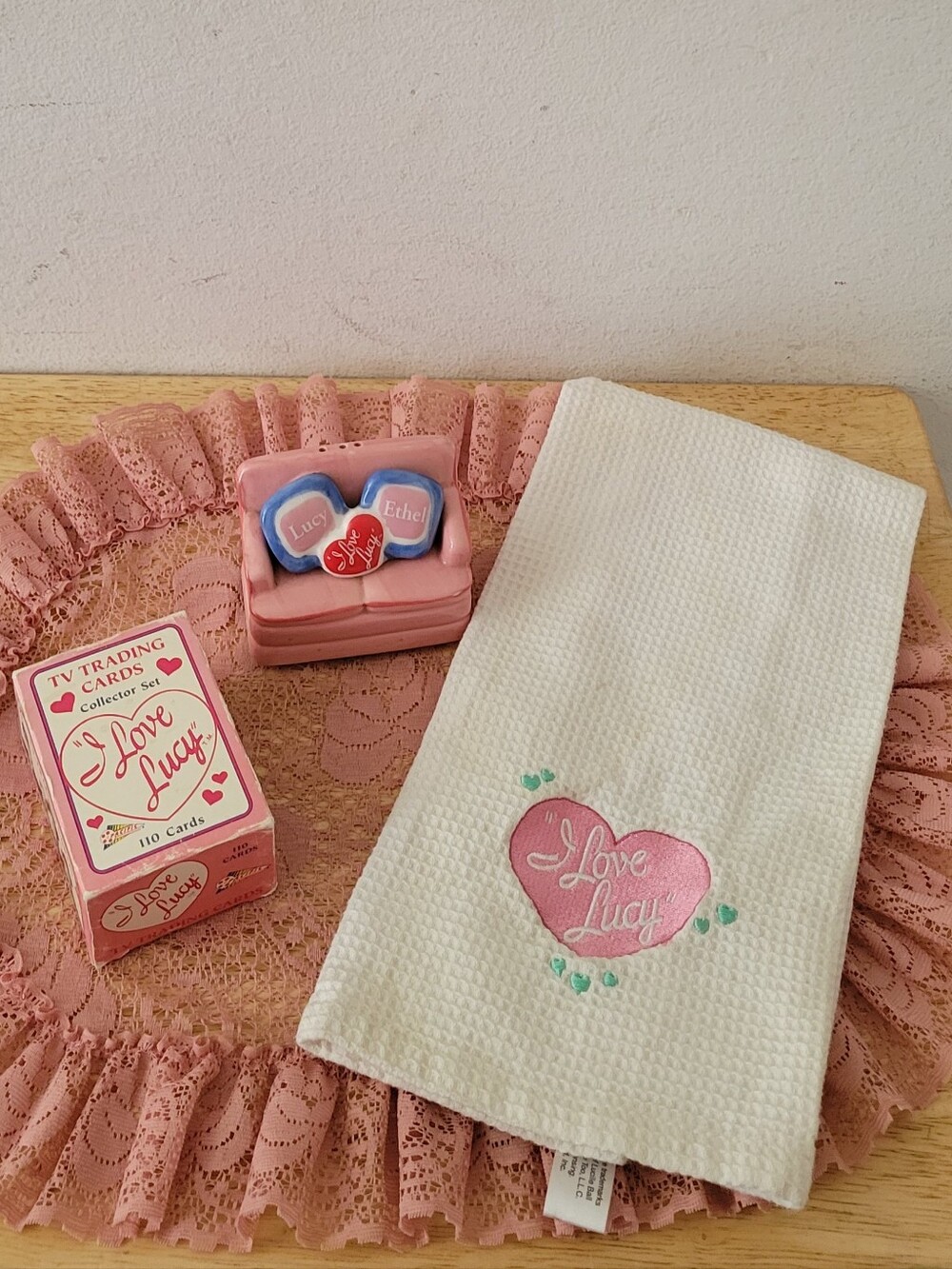 Vintage I Love Lucy Ceramic Salt/Pepper Shaker, Dish Towel, and Cards